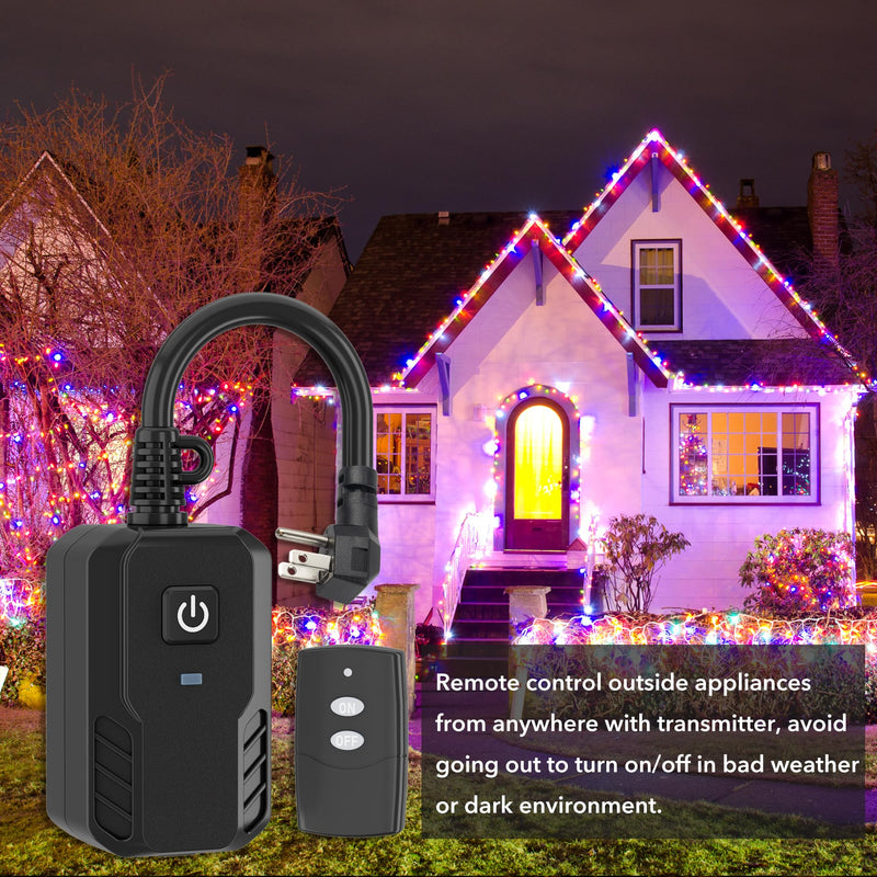 BN-LINK Outdoor Remote Control Outlet Plug Black,Indoor Wireless Outlet Switch Weatherproof Heavy Duty 15A 3-Prong 6-inch Cord 100Ft Range,3Pack(Battery Included) 1 Outlet, 1 Remote,3 Pack
