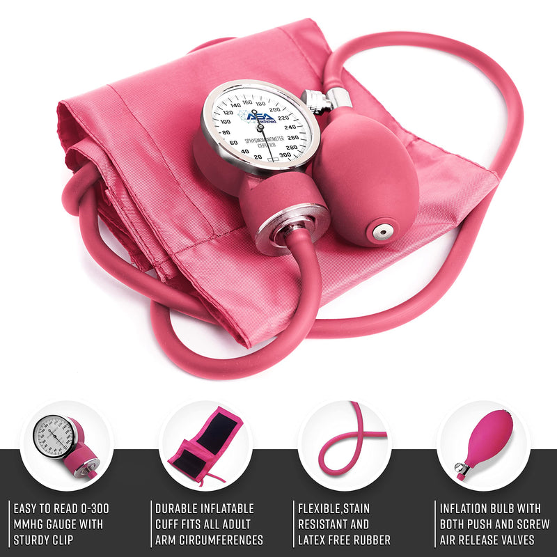ASA TECHMED Manual Blood Pressure Monitor - Aneroid Sphygmomanometer for Nurses, Universal Standard Blood Pressure Cuff, Nurse Essentials with High-Molecular Nylon Arm Cuff (Pink) Pink