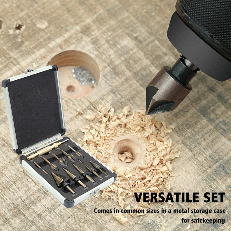 GMTOOLS 5Pcs Step Drill Bit & 5Pcs Countersink Drill Bit Set, Titanium Coated, 50 Sizes of Step Bit for Metal with Aluminum Case, Multiple Hole Stepped Up Bits for DIY 11PCS