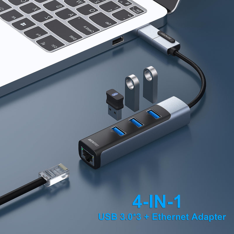 BENFEI 2in1 USB-C/USB 3.0 to Ethernet Adapter with 3*USB 3.0 Ports Compatible for iPhone 15 Series, MacBook Pro/Air 2023/2022/2021/2020/2019 and More