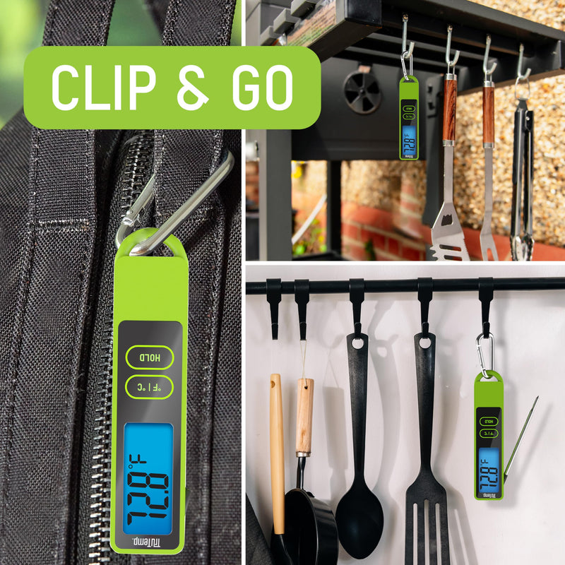 Taylor TruTemp Compact Digital Folding Meat Thermometer with Carabiner Clip for Grilling, BBQ, Kitchen, and Griddle, Kitchen Gadget Essential and Food Thermometer, Gift for Dad, Him, and Men, Green