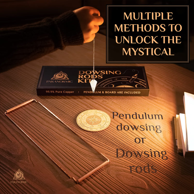 99.9% Pure Copper Dowsing Rods Kit – Ghost Hunting Equipment with Crystal Pendulum and Wooden Board for Spiritual Investigation