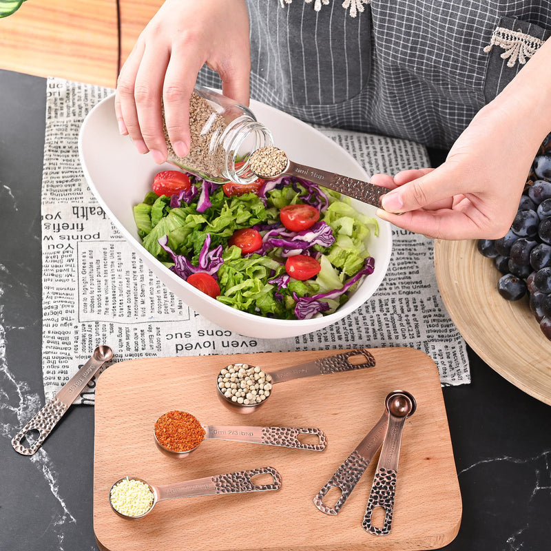 Smithcraft Copper Measuring Cups and Spoons Set, Stainless Steel Copper Plated 6 Metric & US Measuring Cups & 7 Spoons with Leveler for Baking & Kitchen A: Copper-cups+spoons