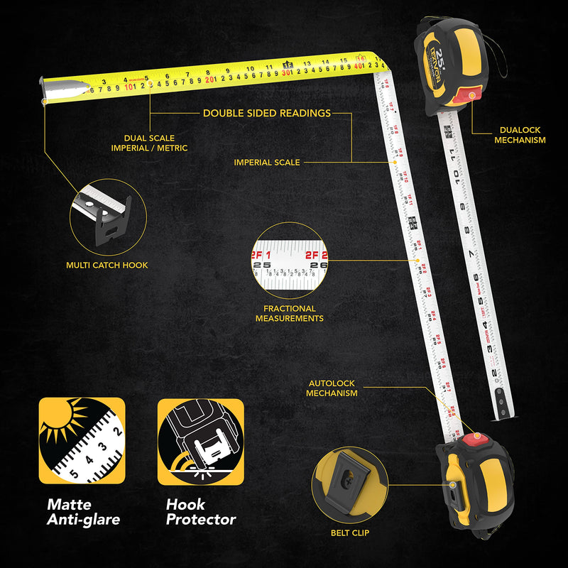 LEXIVON [2-Pack] 25Ft/7.5m Tape Measure, DuaLock & AutoLock | 1-Inch Wide Blade with Nylon Coating, Matt Finish White & Yellow Dual Sided Rule Print | Ft/Inch/Fractions/Metric (LX-204) 2PK-25FT DuaLock & AutoLock