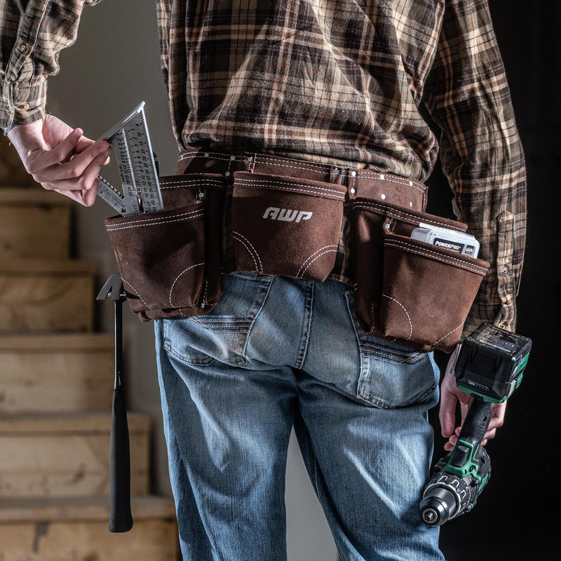 AWP Suede Leather General Construction Tool Pouch Apron | 11-Pocket Tool Organization Work Belt | Brown | Fits Up to 50" Waist Size 50 inches Suede Leather wit Leather Hammer Loops
