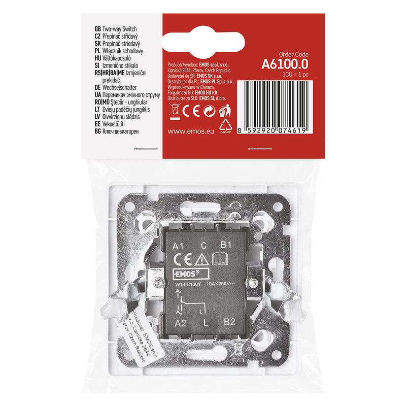 EMOS toggle switch in white (gloss), light switch with a rocker, 250 V~/10 AX, plastic, without flush-mounted box, protection class IP20 for indoor use, 8 x 8 x 5 cm