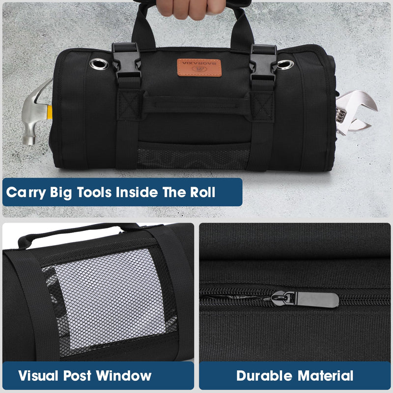 BAQRAXIA Tool Bag, Roll Up Small Tools Box Storage, Heavy Duty Tool Organizer with 2 Detachable Tool Pouch, Tool Gifts for Men Dad Husband Boyfriend Grandpa, Presents for Fathers Day Birthday (Black) Black