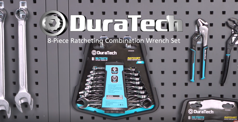 DURATECH 90-Tooth Ratcheting Wrench Set, Combination Wrench Set, 8-Piece, Metric, 8, 10, 12, 13, 14, 15, 17, 19mm, CR-V Steel, Organized in Wrench Rack