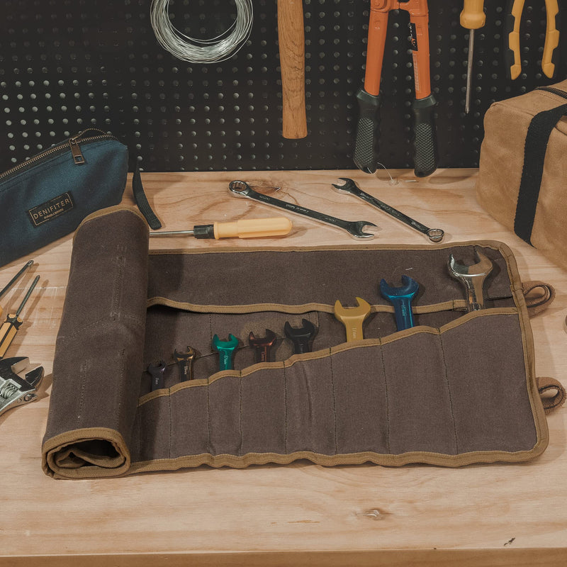 Denifiter Wrench Roll Up Pouch, Heavy Duty Waxed Canvas Tool Roll Bag Tool Organizer Bag With 20+4 Pockets (Brown) Brown