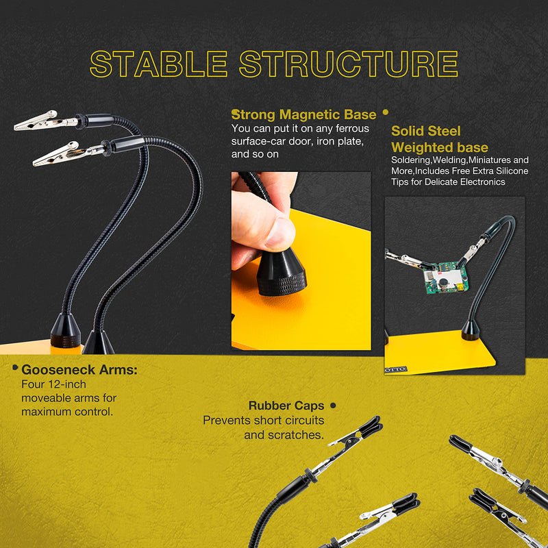 KOTTO Third Hand Soldering Aid Third Hand Soldering Magnetic Circuit Board Holder Tool Two Arms Help Hands Craft Workshop Help Station Non-Slip Aluminum Base Wire Cutter Pliers