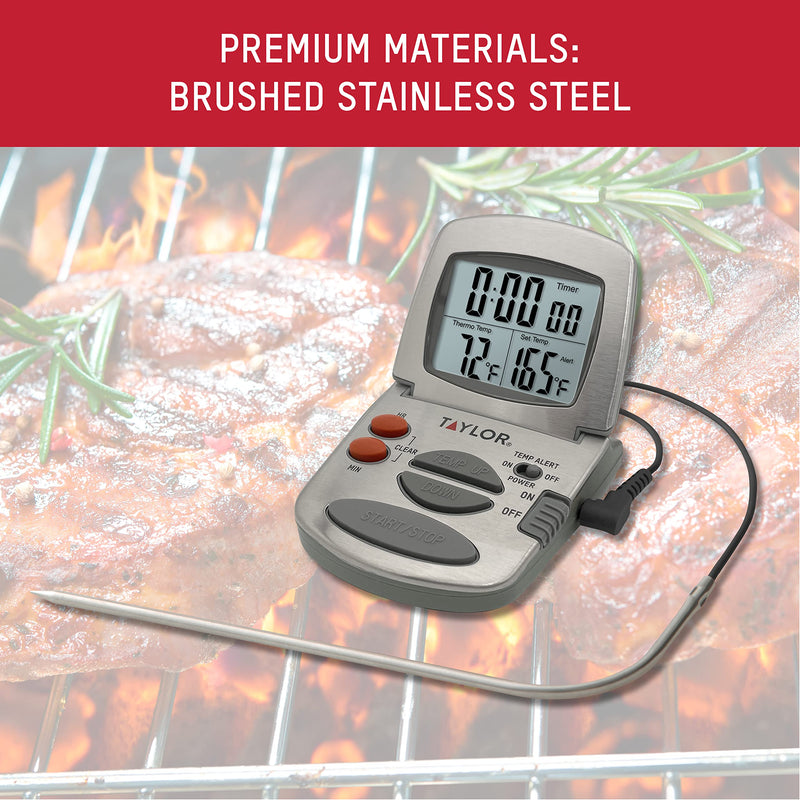 Taylor Programmable Instant-Read Wired Probe Digital Meat Thermometer, Stainless Steel for BBQ, Grill, Kitchen Cooking, Accurate Temperature Readings One Size 1478