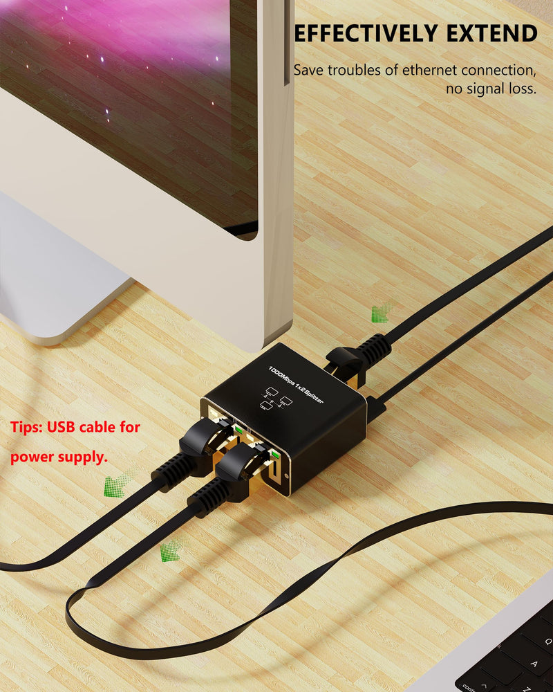 CableGeeker Ethernet Splitter 1 to 2 High Speed 1000Mbps, Gigabit RJ45 Internet Splitter with USB Power Cable, Network LAN Adapter for Cat 5/6/7/8 Cable [2 Devices Simultaneous Networking] 1000Mbps Ethernet Splitter High Speed 1 to 2