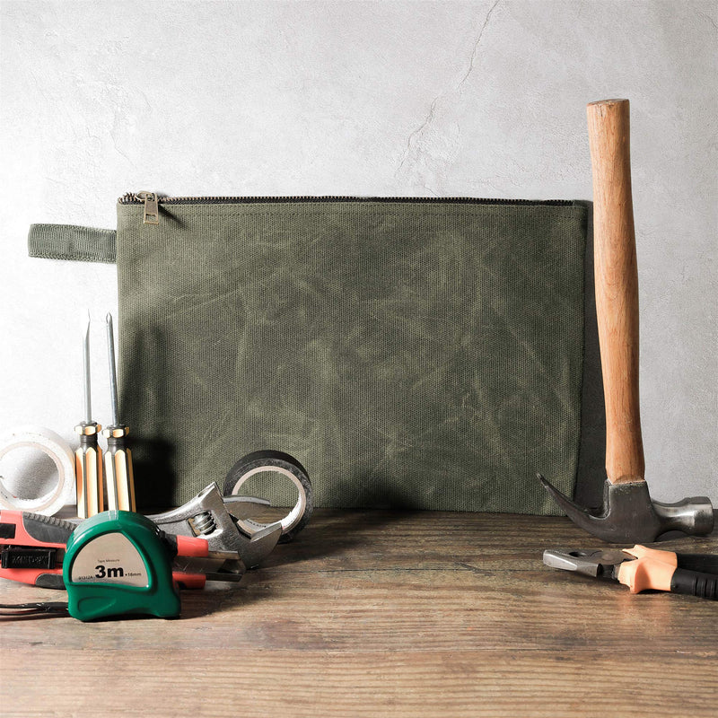Tool Pouches with Smooth Zipper, Heavy Duty 16oz Waxed Canvas Tool Pouch, One-piece Waterproof Tool Bags,12.5X8.4 Inches (4 Pack) Large Black/Khaki/Navy/Army Green