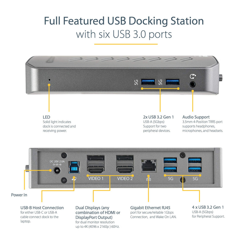 StarTech.com USB-C USB-A Dock - Hybrid Universal USB 3.0 Docking Station for USB-C or USB-A Laptop - Dual Monitor 4K 60Hz HDMI/DisplayPort - 6x USB-A, GbE - USB 3.1/3.2 Gen 1 - Windows/Mac (DK30A2DHU)