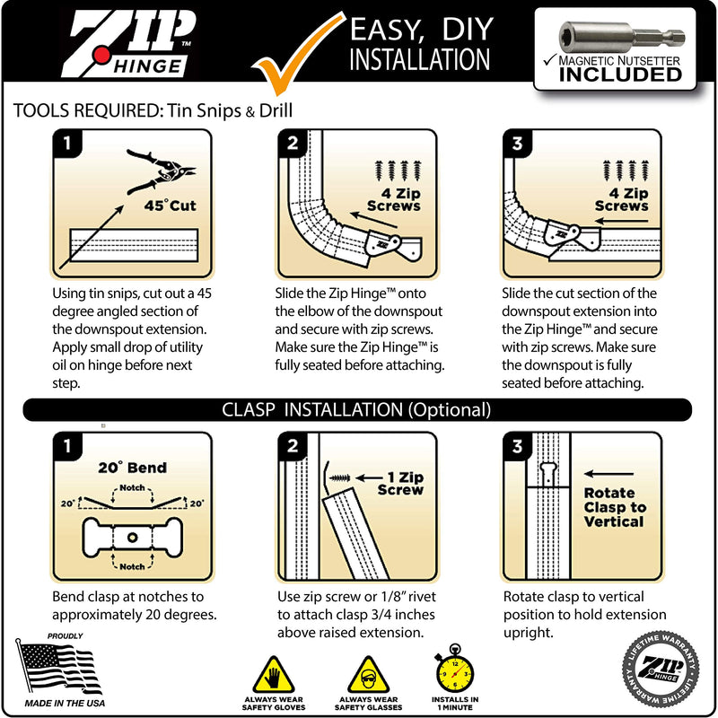 Zip Hinge Downspout Gutter Hinge (5 Pack) | Made in USA | Flip-Up Extension Hinge for Lawn Mowing | Fits Any Size Rectangle or Square Downspouts | Easy DIY Install, Hardware Included 5