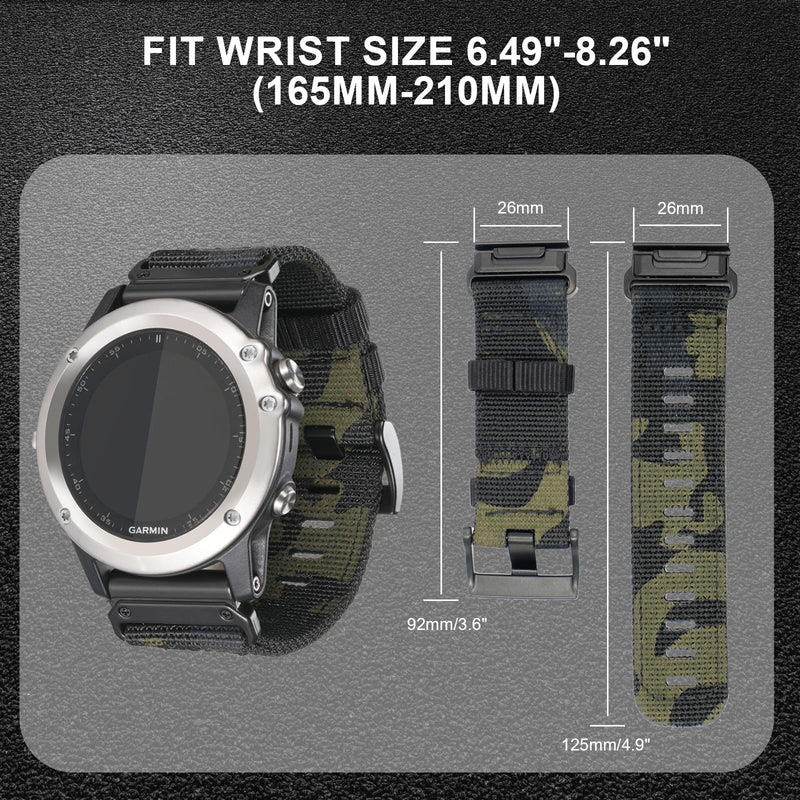 26mm Nylon Watch Band Compatible for Garmin Fenix 7X/ Fenix 6X/ Fenix 5X/ Tactix Delta, Camouflage Quickfit Bands for Garmin Fenix 3/3 HR, Fenix 5X Plus/6X Pro/Descent MK1/Enduro A-Camouflage