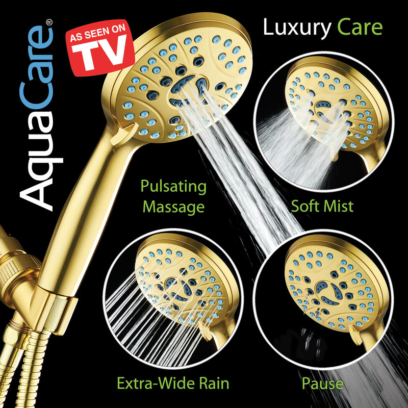 AquaCare High Pressure 8-mode Handheld Shower Head - Anti-clog Nozzles, Built-in Power Wash to Clean Tub, Tile & Pets, Extra Long 6 ft. Stainless Steel Hose, Wall & Overhead Brackets Modern Gold