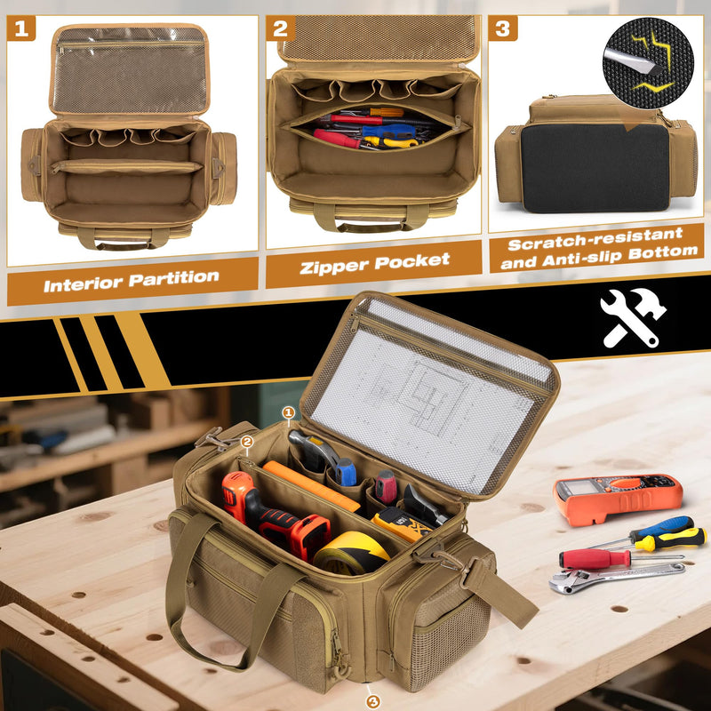 Tactical Tool Bag with Anti-friction Bottom, Hand Tool Tote Storage Organizer for Men, Small Range Bag for Electricians, Carpenters, Mechanics and Repairman, Khaki
