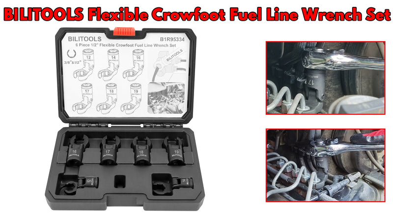 BILITOOLS 6PCS Flex Head Crows Foot Line Wrench Set, 3/8" & 1/2" Drive Short Flex Head Wrench Set