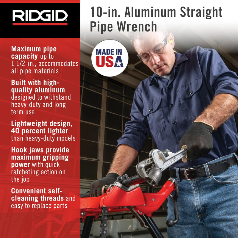 RIDGID 31090 Aluminum Straight Pipe Wrench, 10" Sturdy Plumbing Wrench with Self Cleaning Threads and Hook Jaws Small Music