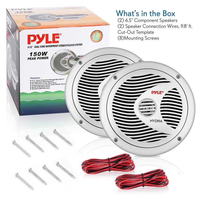 Pyle 6.5” Dual Marine Speakers - 2 Way Waterproof and Weather Resistant Outdoor Audio Stereo Sound System with 150 Watt Power, Polypropylene Cone and Cloth Surround - 1 Pair - PLMR60S (Silver) 0