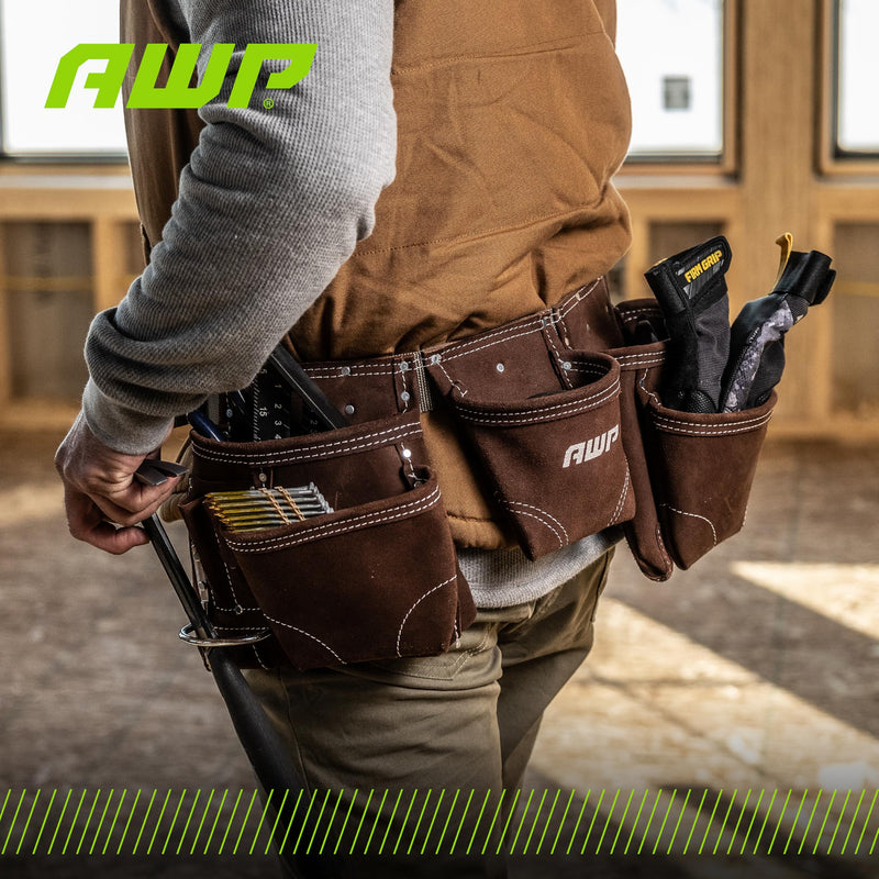 AWP Suede Leather General Construction Tool Pouch Apron | 11-Pocket Tool Organization Work Belt | Brown | Fits Up to 50" Waist Size 50 inches Suede Leather wit Leather Hammer Loops
