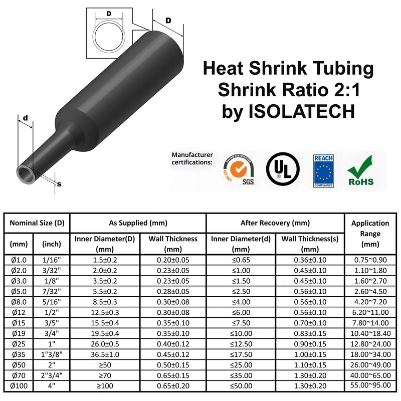ISOLATECH heat shrink tubing sold by the meter black without glue Ø5/16inch (8mm) 10ft (3 meters) shrink ratio 2:1 set polyolefin for insulating cables solder connections unlabeled UV resistant 8mm Ø 10ft (3m)