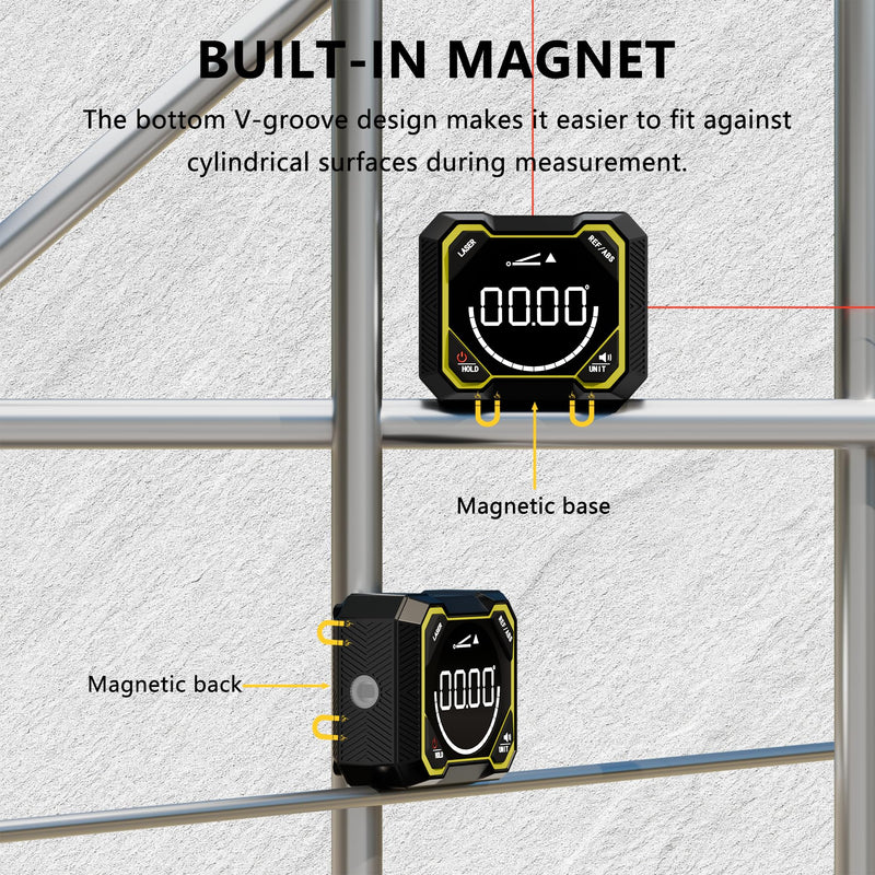 Digital Angle Finder with Laser, Magnetic Inclinometer, USB Rechargeable | 4x90° angle measurement with backlit LCD, auto-rotating display and magnetic base for woodworking, construction and DIY.