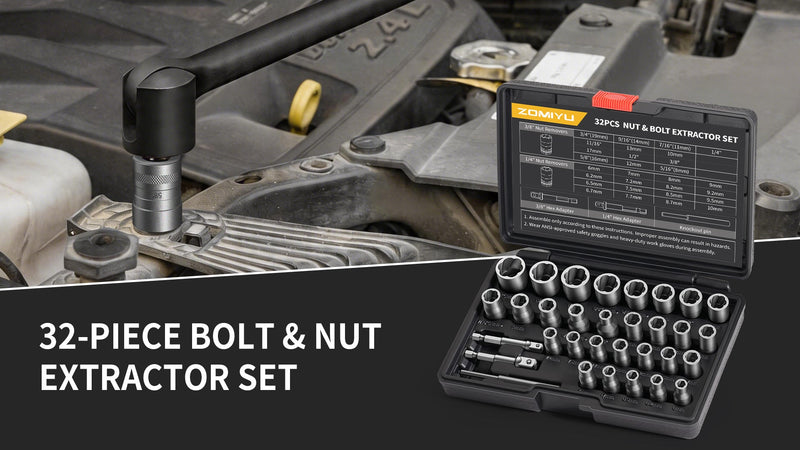 32-Piece Bolt Extractor Kit, 1/4" & 3/8" Drive Stripped Nut Remover 32Pcs