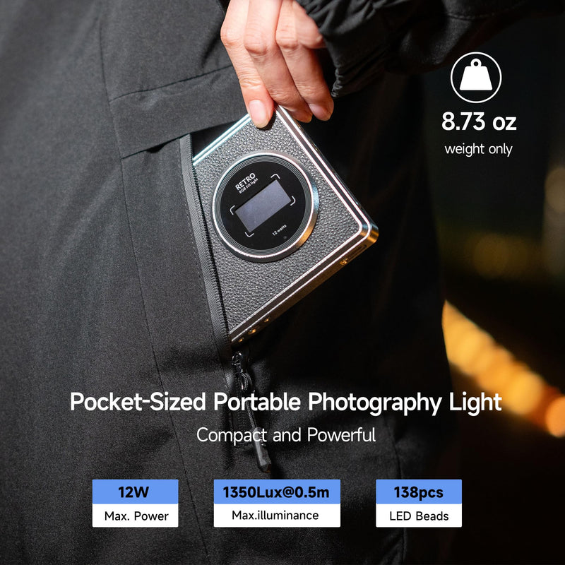VLTROX 12W RGB Camera Light, 22Wh Built-in Battery Supports Used While Charging RGB LED Video Light with App Control, CRI97+/26 Scenes/2500K-8500K Portable Mini On Camera Light for Photography Videos Retro 12X-12W