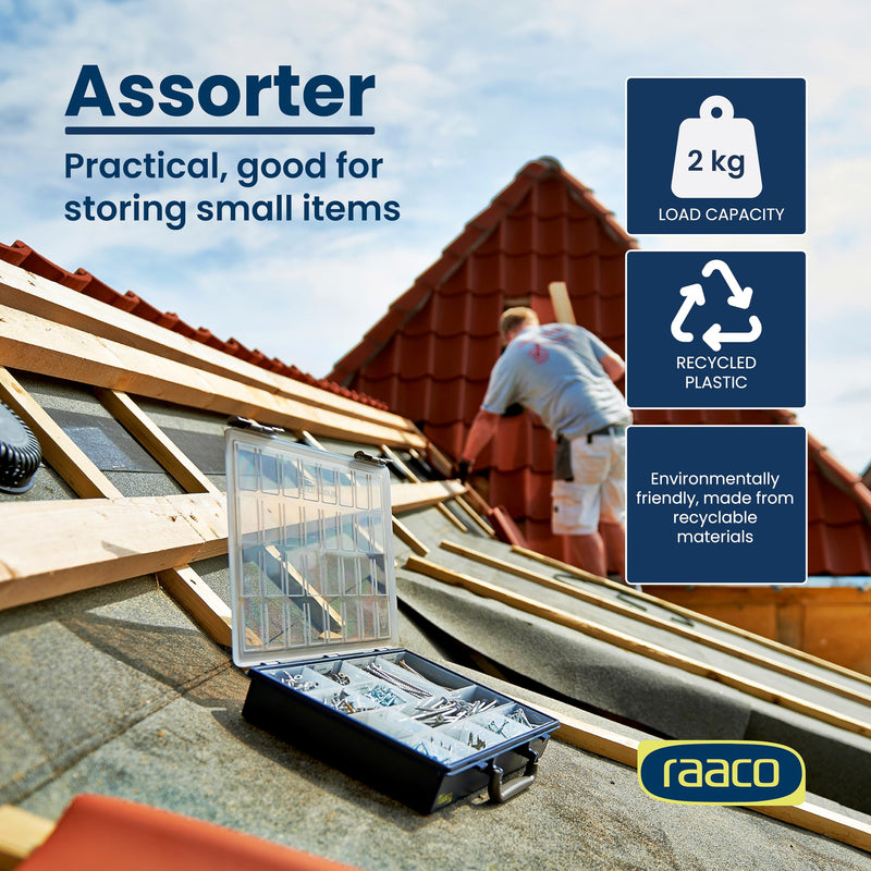 Raaco Assorter Tool Box Organizer – Medium – 9 Slots Fixed Grid with Semi-Transparent Lid, Polypropylene (PP) Storage Box for Screws, Nuts and Bolts, Small Parts & Hardware (Assorter 5-9) Medium –9 Slots