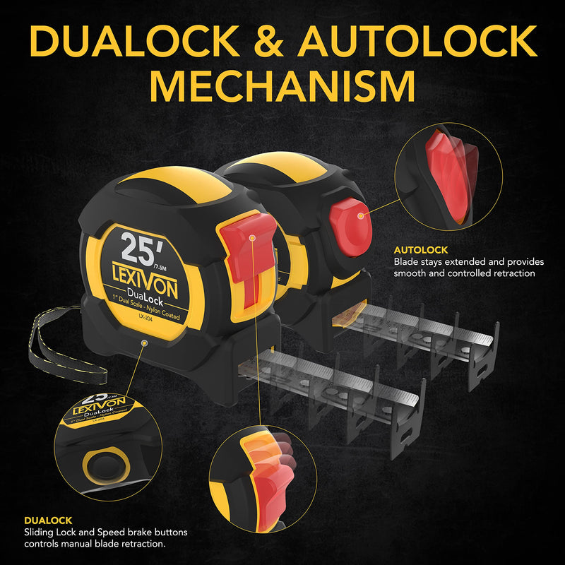 LEXIVON [2-Pack] 25Ft/7.5m Tape Measure, DuaLock & AutoLock | 1-Inch Wide Blade with Nylon Coating, Matt Finish White & Yellow Dual Sided Rule Print | Ft/Inch/Fractions/Metric (LX-204) 2PK-25FT DuaLock & AutoLock