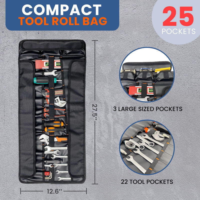 25 Pocket Tool Roll Organizers,1680D PVC Wrench Tool Roll up Bag,Heavy Duty Roll Up Tool Bag Organize for Electrician，Carpenter，Mechanic or Hobbyist Black (Tip: Single tool roll, no tools） C-Black