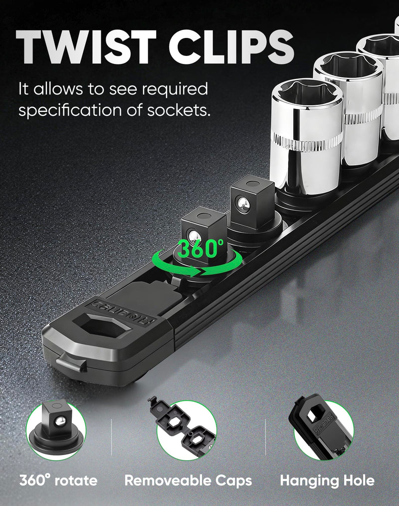 ALOANES Magnetic Socket Organizer Set, 3-Piece Heavy Duty Aluminum Socket Rails, 360° Swivel Clips Socket Rail Kit for Tool Tray Drawer Fit 3/8-Inch x 42 Clips (Black, 3PC) Black 3PC, 3/8-Inch Drive
