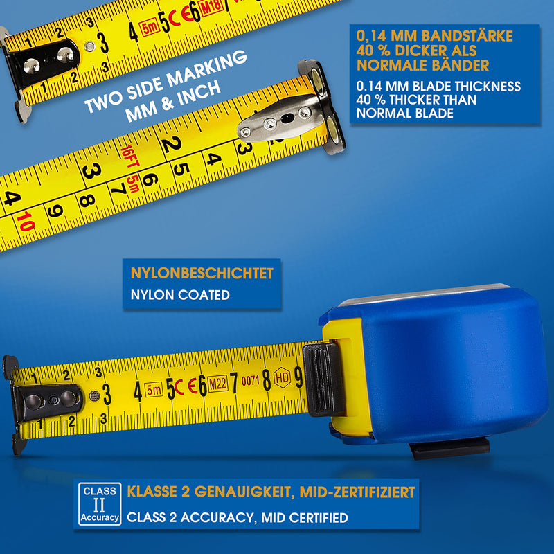 S&R tape measure 5 m METRIC and INCH 5m / 16 ft, tape 25 mm, roll meter with riveted MAGNET hook nylon coated tape measure, impact-resistant roll meter housing 5m, metric and inch