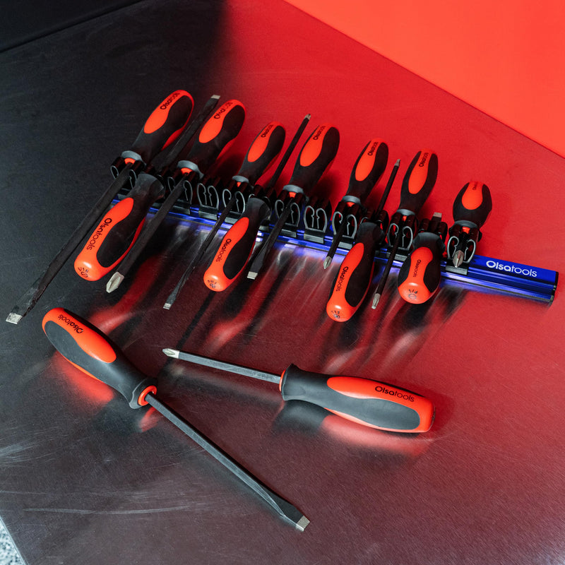 Olsa Tools Magnetic Screwdriver Organizer - Screwdriver Holder with Strong Magnets and Foam Backing - Professional Tool Holder and Tool Organizer - Stores up to 16 Screwdrivers - Blue - Part: 1114 1 piece Blue Organizer / Black Clips