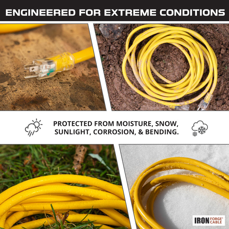 IRON FORGE CABLE 3 Foot Lighted Outdoor GFCI Extension Cord with 3 Electrical Power Outlets - 12/3 SJTW Heavy Duty Yellow Pigtail Extension Cable with 3 Prong Grounded Plug for Safety, 15 AMP