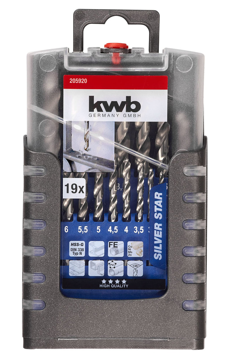 KWB 49205920 19 Piece HSS Precision Ground Twist Drill Set: 1-10 x 0.5mm Increments, Multicoloured, Set of 19 19 pieces 19-teilig