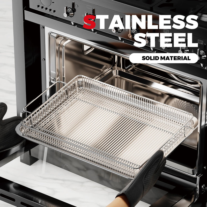 Air Fryer Basket for Oven with Upgraded Striped Mesh, 13.9" x 8.8" Thick Food-Grade Stainless Steel Rack & Tray Set with 50 Parchment Sheets for Baking, Grilling & Roasting basket/13.9in" * 8.8in" & tray/12.9in" * 9.7in")