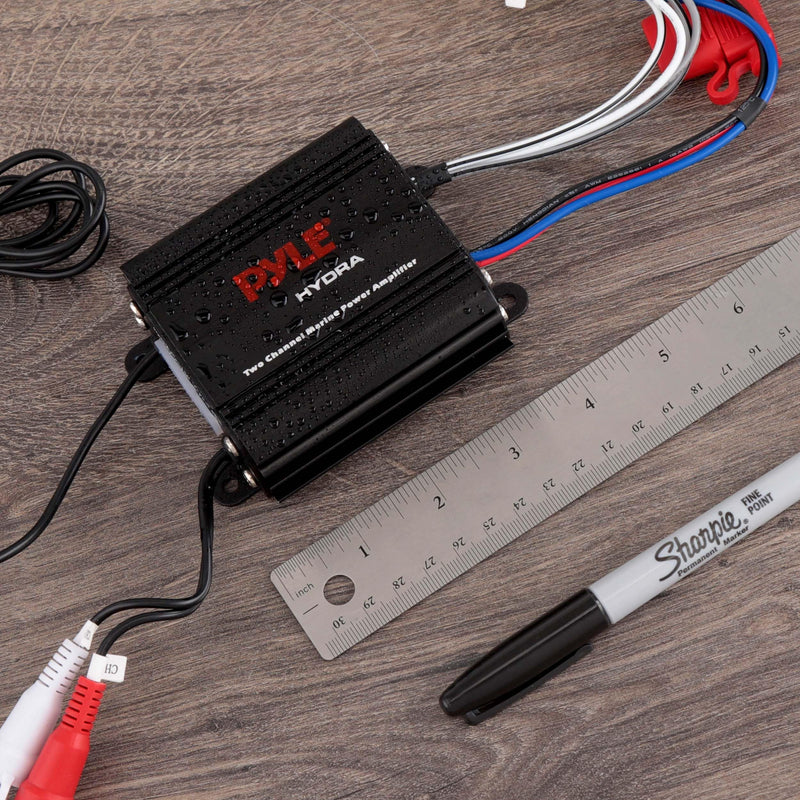 Pyle 2-Channel Marine Amplifier Receiver - Waterproof and Weatherproof Audio Subwoofer for Boat Stereo Speaker & Other Watercraft - 400 Watt Power, Wired RCA, AUX and MP3 Audio Input Cable Black