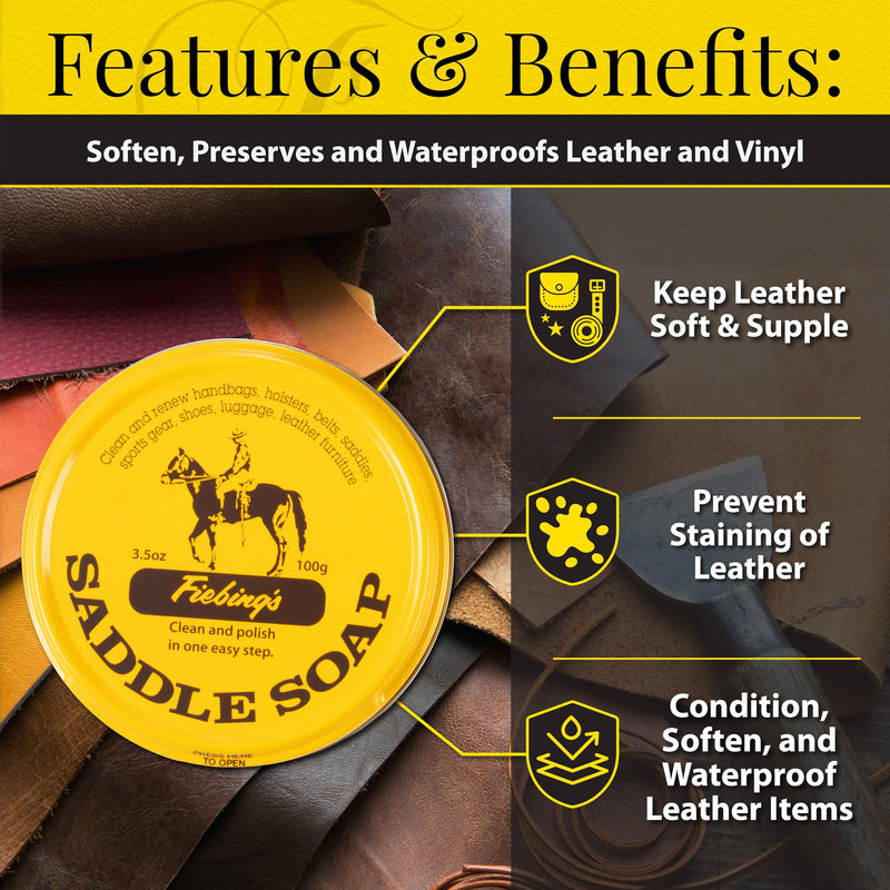 Fiebing's Yellow Saddle Soap for Leather (3.5 oz Tin) - Leather Cleaner & Conditioner to Soften, Protect & Restore Leathercraft - Leather Soap for Car Seat, Couch, Shoe, Purse, Boot, Bag, & Saddles