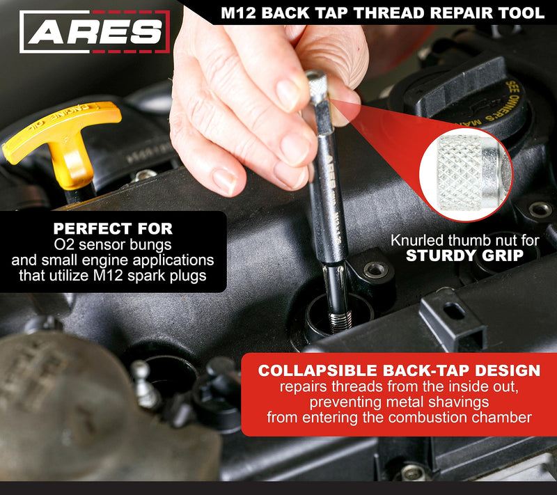 ARES 10110 – M12 Back Tap Thread Repair Tool – Collapsible Design Easily Engages and Repairs Threads from Inside Out – Keeps Metal Shavings Out of Cylinder