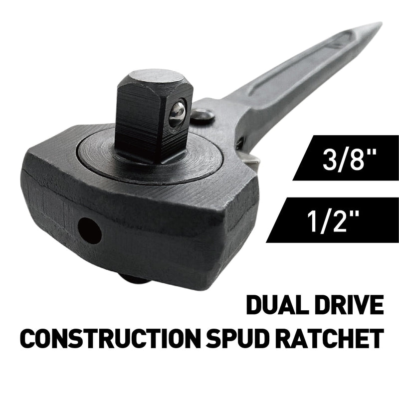 MacWork 1/2in.& 3/8in Dual Head Ratchet Handle, Spud End Ratchet Spanner with Hammer Function, 12in. 12inch