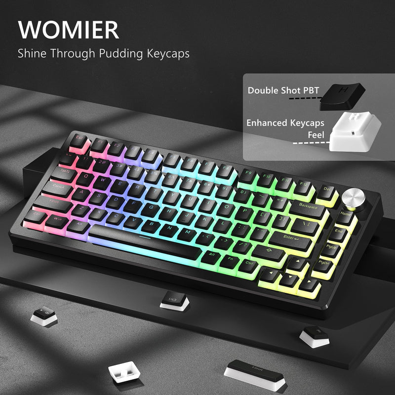 Womier Pudding Keycaps, Black PBT Keycaps 100 percent keyboard 130 Keys, Shine Through Keycaps, Custom Keyboard Keycaps OEM Profile for 100%, 75%, 65%, 60% MX-stem Switches Keyboards-Black