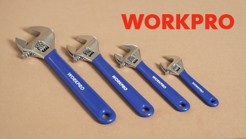 WORKPRO 4-Piece Wide Jaw Adjustable Wrench Set, 6"-12", Chrome Plated Blue