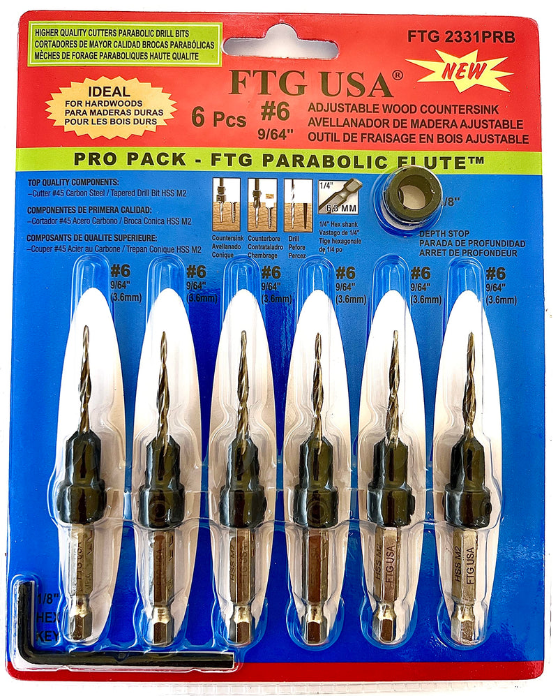FTG USA 6 Pc #6 (9/64") Wood Countersink Drill Bit Set with Parabolic Flute, Tapered Drill Bit, Depth Stop Collar and Hex Wrench #6 (9/64") 6 Pc Hex Shank