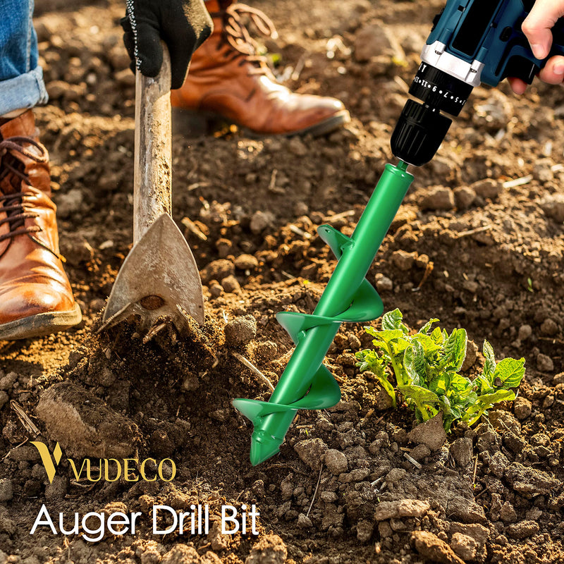 VUDECO Garden Auger Drill Bit for Cordless Drill - 2 PCS, Bulb Planter Tool, Spiral Drill Bit, Earth Planting Auger - Green