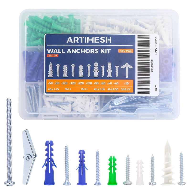 430PCS Wall Anchors Assortment Kit with Drywall Anchors and Screws, Toggle Bolt Anchors, 6 Sizes Picture Frame Hanging Kit