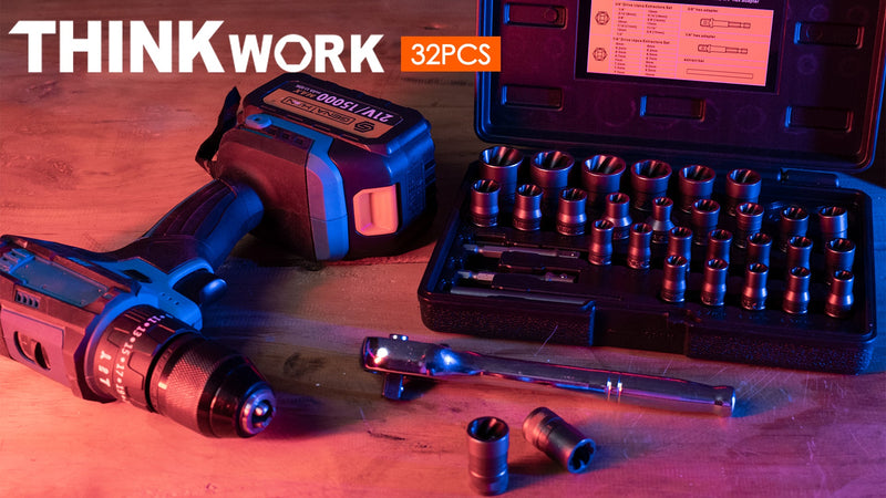32 Pcs Bolt Extractor Kit, 1/4" & 3/8" Drive Impact Bolt & Nut Remover Set 32 Piece