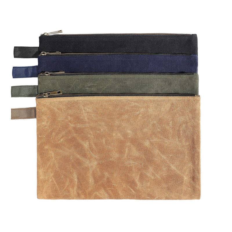Tool Pouches with Smooth Zipper, Heavy Duty 16oz Waxed Canvas Tool Pouch, One-piece Waterproof Tool Bags,12.5X8.4 Inches (4 Pack) Large Black/Khaki/Navy/Army Green
